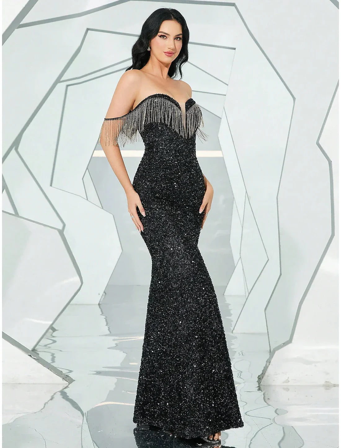 Evening Gown Sparkle & Shine Dress Formal Fall Floor Length Sleeveless Sweetheart Sequined with Glitter Tassel