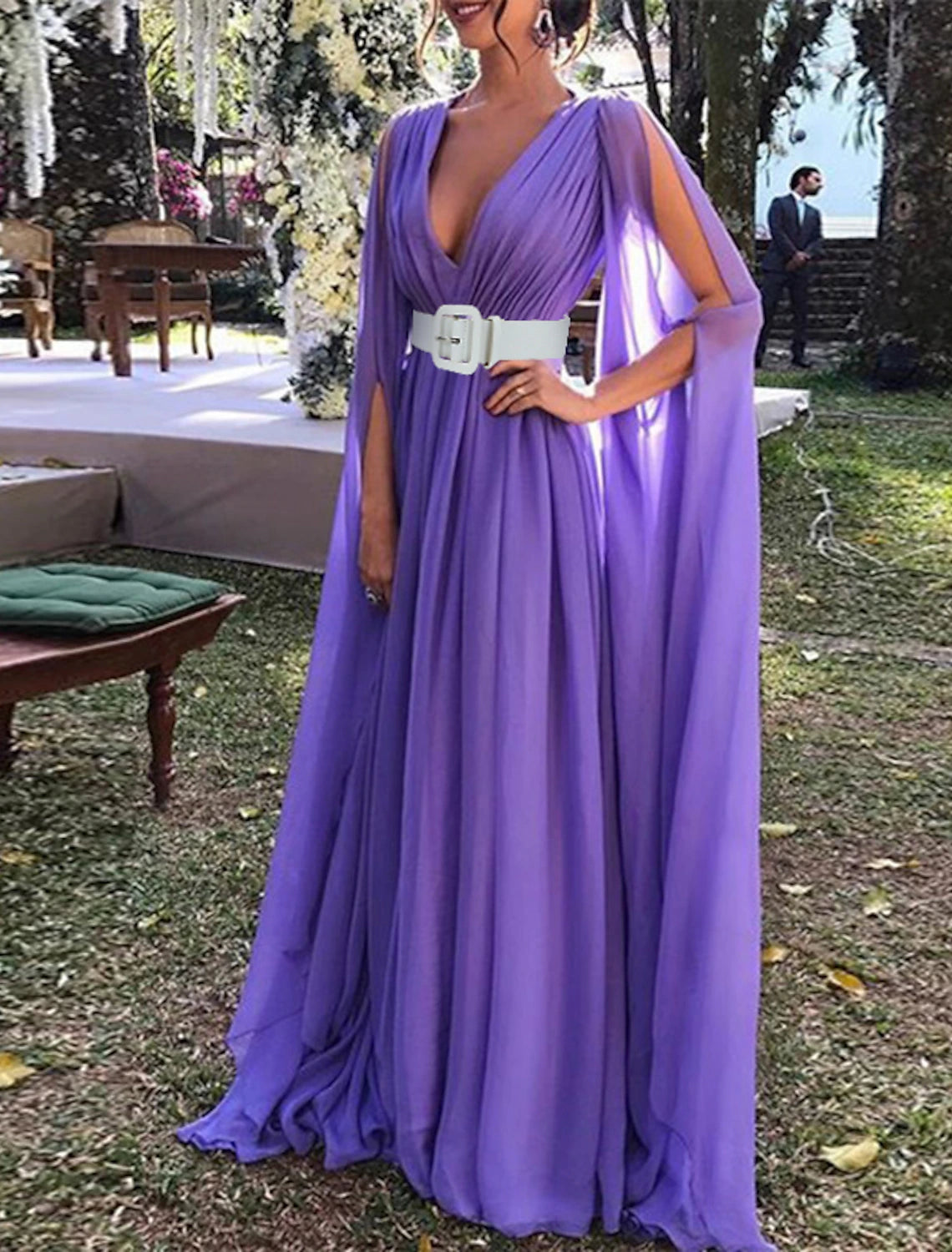 A-Line Wedding Guest Dresses Wedding Party Dress Black Tie Floor Length Long Sleeve V Neck Fall Chiffon with Belt