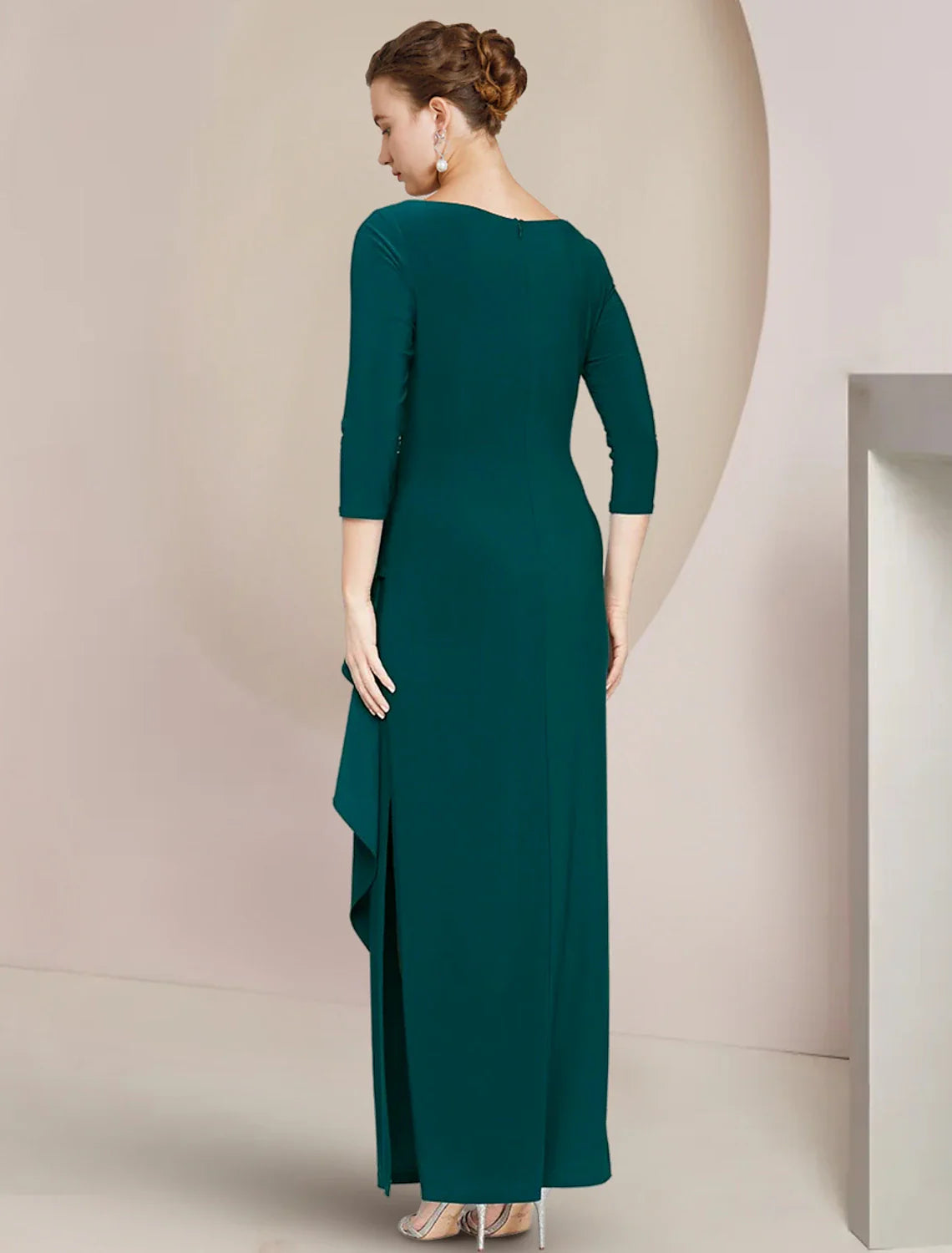 Sheath / Column Mother of the Bride Dress Wedding Guest Elegant Scoop Neck Ankle Length Stretch Chiffon 3/4 Length Sleeve with Crystals Ruffles Split Left