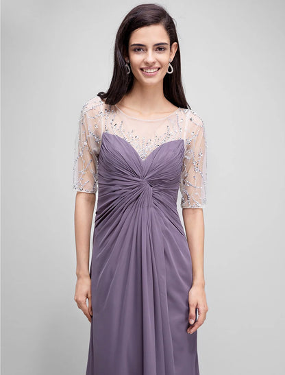 A-Line Mother of the Bride Dress Elegant Scoop Neck Floor Length Chiffon Half Sleeve No with Criss Cross Beading