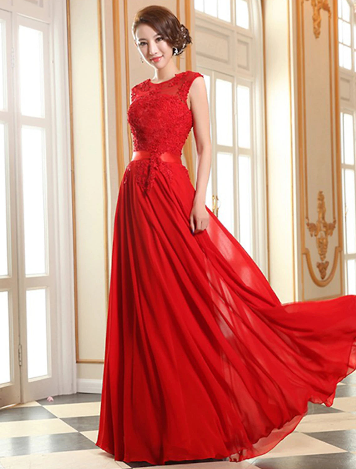 A-Line Evening Gown Elegant Dress Wedding Guest Prom Floor Length Sleeveless Illusion Neck Bridesmaid Dress Georgette with Appliques