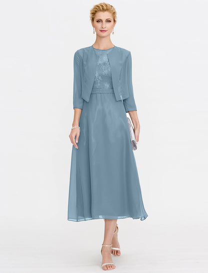 A-Line Mother of the Bride Dress Wedding Guest Elegant Plus Size Illusion Neck Tea Length Chiffon Corded Lace Sleeveless Wrap Included with Lace Pleats