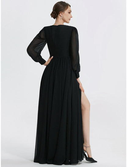 A-Line Evening Gown Elegant Dress Formal Floor Length Long Sleeve V Neck Chiffon with Slit