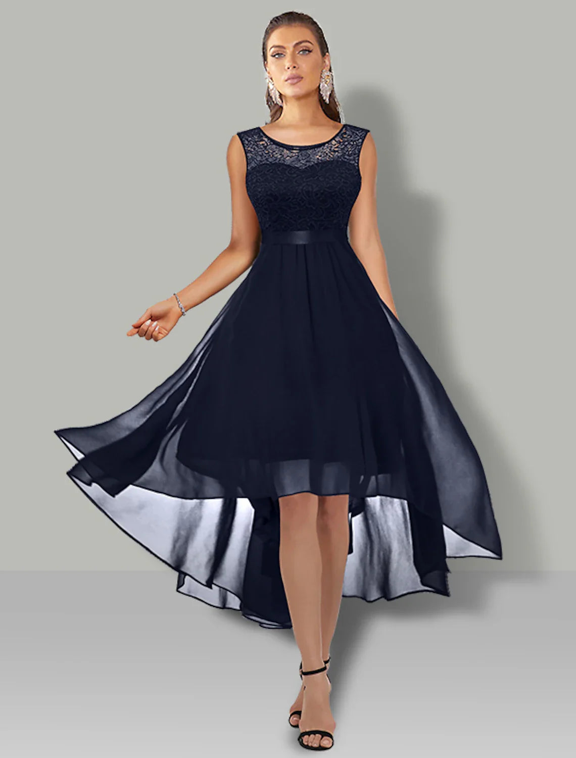 A-Line Cocktail Dresses Vintage Dress Party Wear Asymmetrical Sleeveless Jewel Neck Chiffon with Pleats Lace Insert Pure Color with