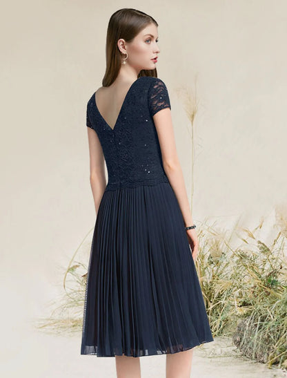 A-Line Cocktail Dresses Flirty Dress Homecoming Wedding Guest Tea Length Short Sleeve Jewel Neck Chiffon with Pleats