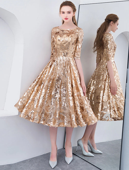 A-Line Cocktail Dresses Elegant Dress Wedding Guest Holiday Tea Length Half Sleeve Jewel Neck Sequined with