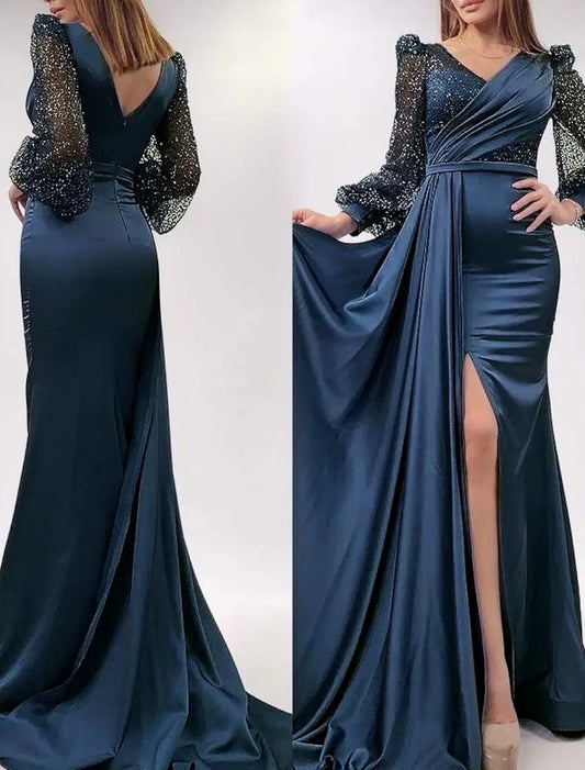 Mermaid Evening Dress Champagne Gown Sparkle Sequin Dress Formal Black Tie Floor Length Long Sleeve V Neck Satin