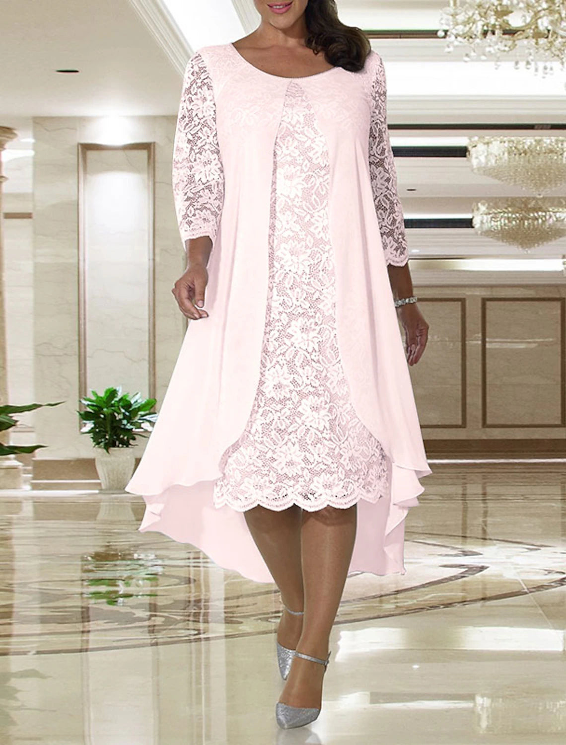 A-Line  Plus Size Jewel Neck Wedding Guest Dress Knee Length Chiffon Lace Long Sleeve Mother of the Bride Dress