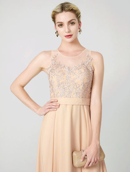 A-Line Classic & Timeless Keyhole Pastel Colors Holiday Cocktail Party Prom Dress Illusion Neck Sleeveless Floor Length Chiffon Beaded Lace with Pleats Appliques