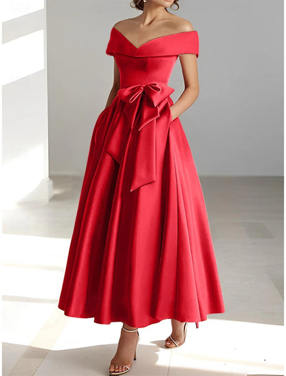 A-Line Cocktail Dresses Elegant Dress Wedding Guest Kentucky Derby Tea Length Short Sleeve Off Shoulder Pocket Satin with Bow(s)