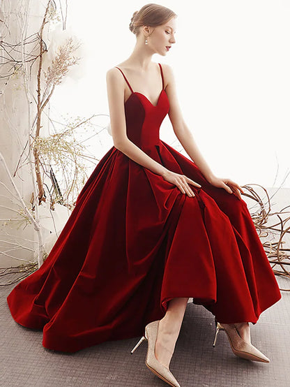 A-Line Prom Dresses Beautiful Back Dress Party Wear Ankle Length Sleeveless Spaghetti Strap Velvet with Sleek Pleats