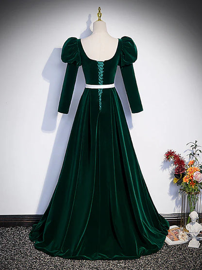 A-Line Evening Gown Maxi Dress Formal Floor Length Long Sleeve Square Neck Velvet with Pleats Crystals Strappy