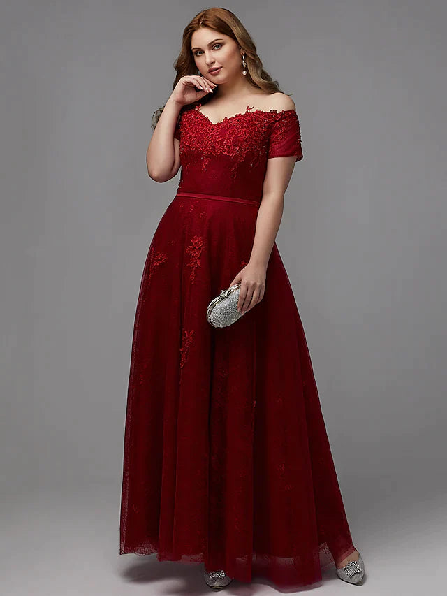 A-Line Plus Size Bridesmaid Dresses Wedding Guest Floor Length Short Sleeve Off Shoulder Lace Lace-up with Beading Appliques