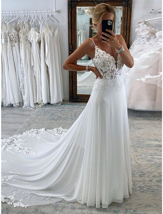 Reception Formal Wedding Dresses A-Line Camisole Sleeveless Court Train Chiffon Bridal Suits Bridal Gowns With Appliques