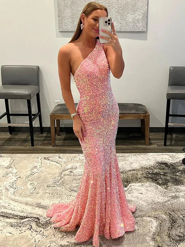 Sheath Ruffles One-Shoulder Sleeveless Sequin Prom Dresses