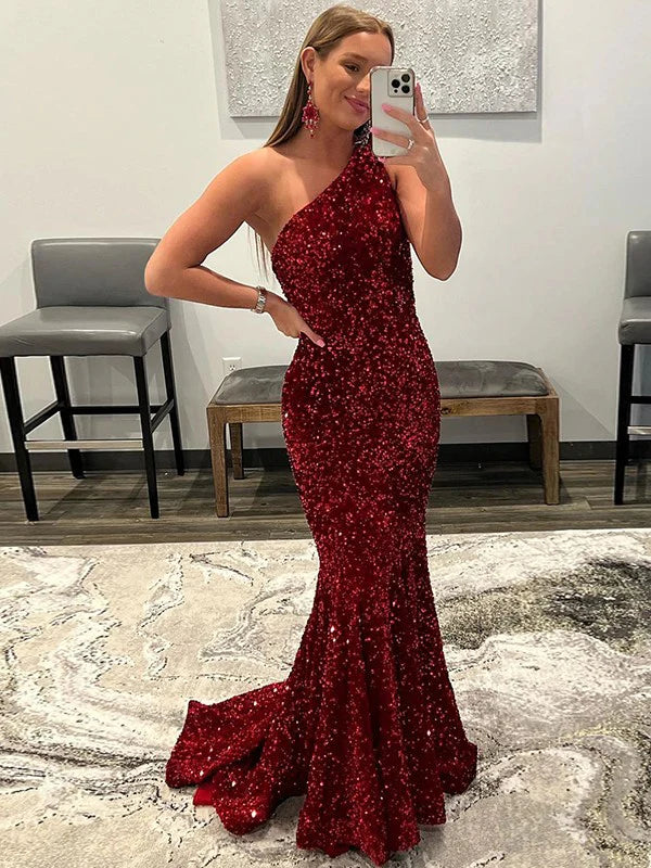 Sheath Ruffles One-Shoulder Sleeveless Sequin Prom Dresses