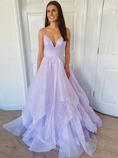 A-Line Princess Ruffles V-neck Sleeveless Prom Stacked Dresses