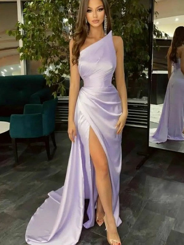 Sheath/Column Silk like Satin Ruched Strapless Sleeveless Sweep/Brush Train Dresses