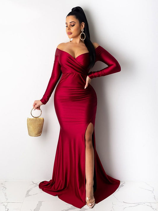 Sheath/Column Jersey Ruched Off-the-Shoulder Long Sleeves Sweep/Brush Train Dresses