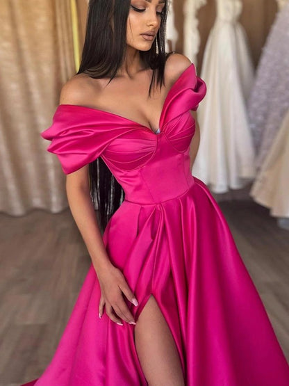 A-Line/Princess Satin Ruched Off-the-Shoulder Sleeveless Sweep/Brush Train Dresses