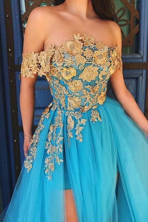 A Line Blue Sweep/Brush Train Evening Dresses Off the Shoulder Tulle Long Prom Dresses With Lace Appliques