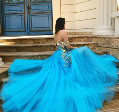 A Line Blue Sweep/Brush Train Evening Dresses Off the Shoulder Tulle Long Prom Dresses With Lace Appliques