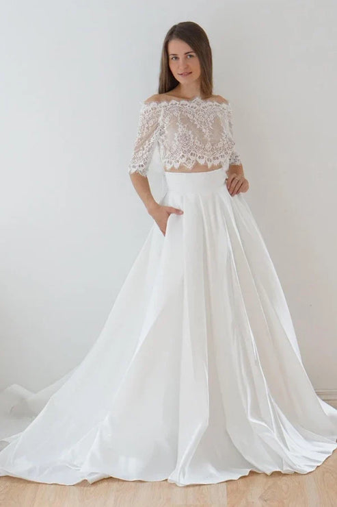 Off-The-Shoulder Lace A-Line Satin Two-Piece Wedding Dress With Sweep Train White