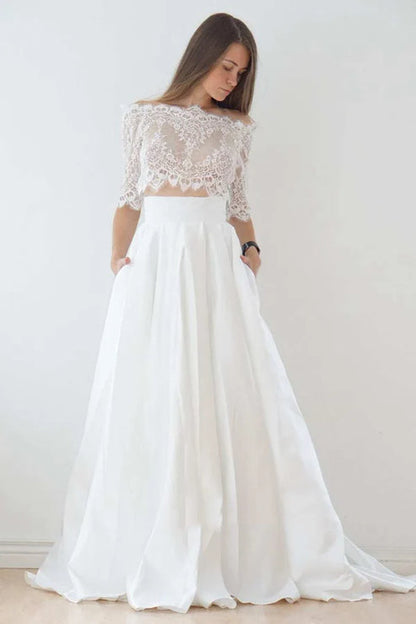 Off-The-Shoulder Lace A-Line Satin Two-Piece Wedding Dress With Sweep Train White