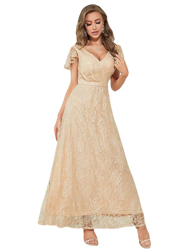 Wedding Guest Dresses Elegant Dress Party Wear Ankle Length Short Sleeve V Neck Chiffon with Ruffles