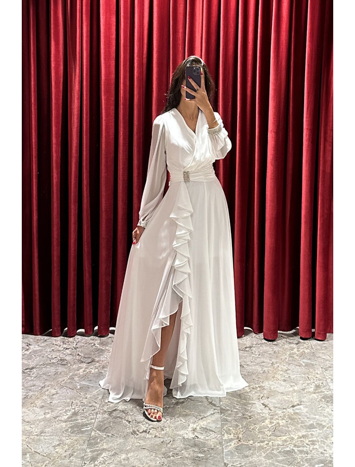 A-Line Evening Gown High Split Dress Formal Fall Sweep / Brush Train Long Sleeve V Neck Stretch Fabric with Pleats Crystals Ruffles