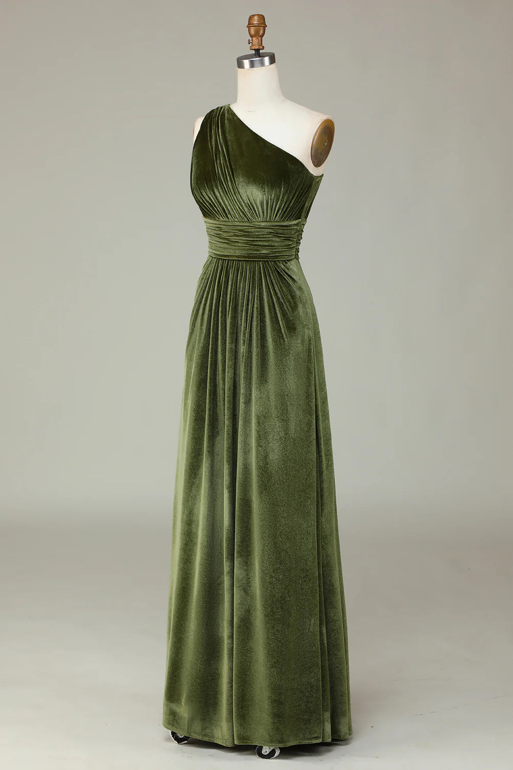 Olive Velvet One Shoulder Olive Long Bridesmaid Dress