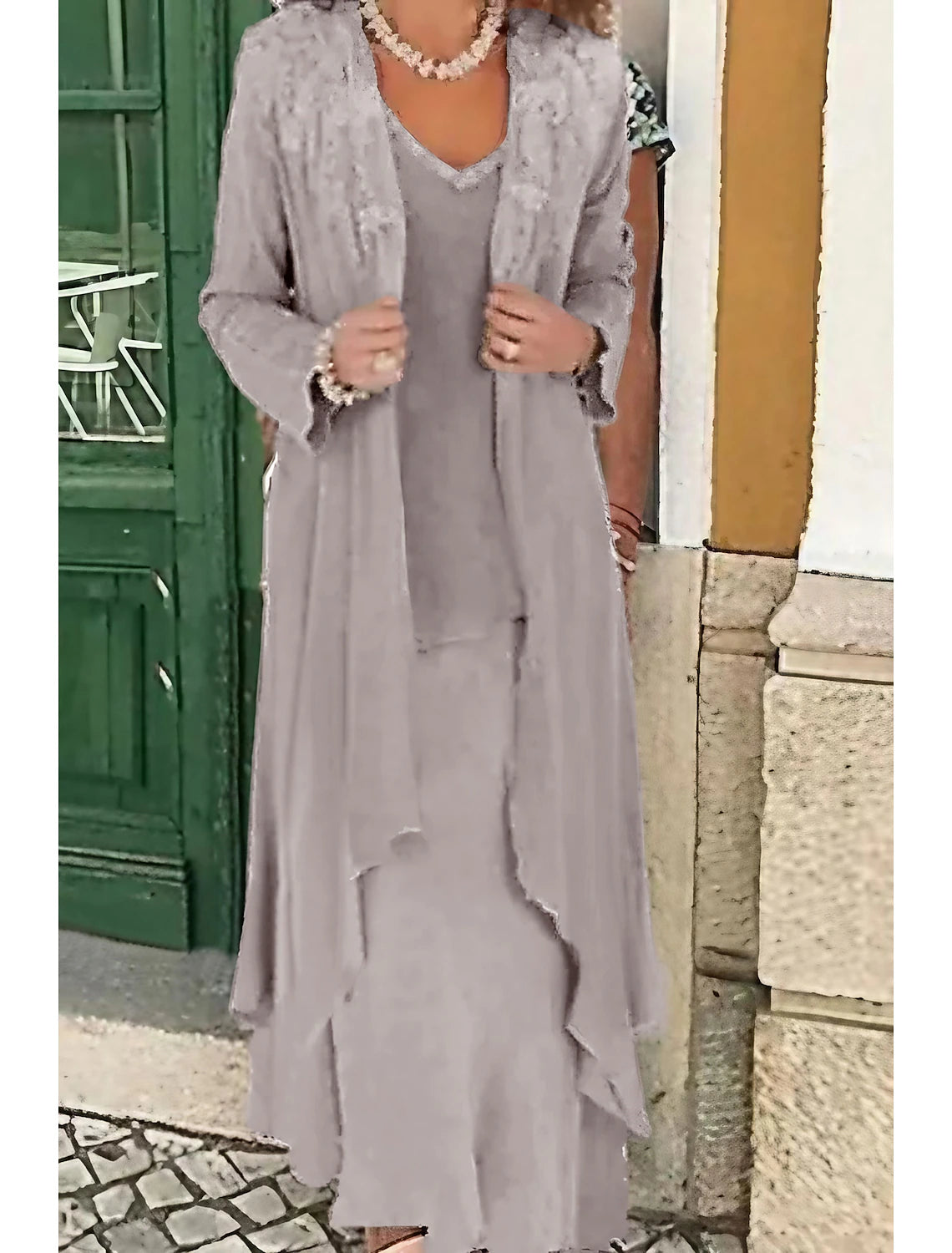 A-Line Mother of the Bride Dress Plus Size Casual V Neck Wedding Guest Dress Floor Length Lace Linen Cotton Blend Sleeveless Jacket Dresses with Appliques