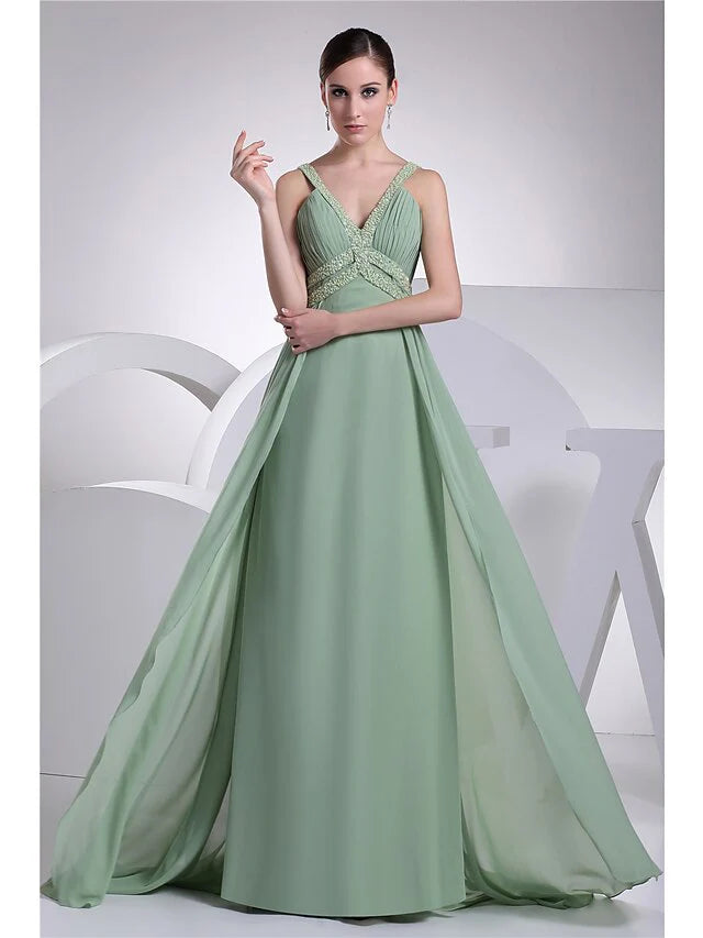 A-Line Evening Gown Sparkle Dress Formal Evening Floor Length Sleeveless Spaghetti Strap Chiffon with Beading