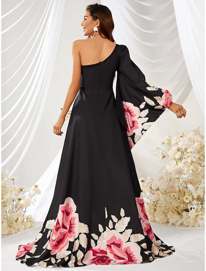 A-Line Wedding Guest Dresses Floral Dress Formal Evening Party Court Train Long Sleeve One Shoulder Chiffon with Slit Print