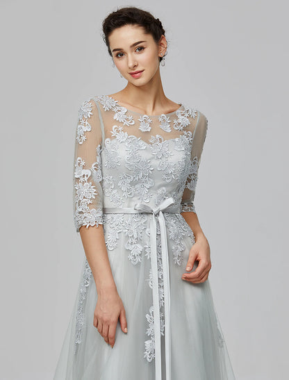 A-Line Empire Dress Wedding Guest Prom Floor Length Half Sleeve Illusion Neck Tulle with Bow(s) Appliques