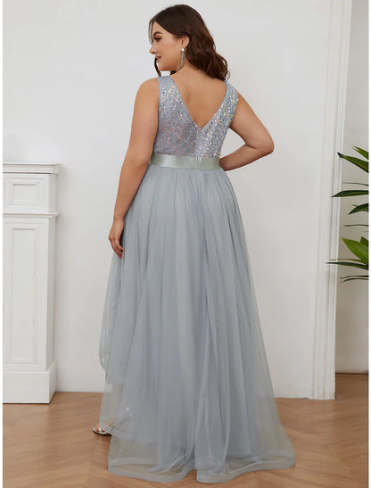 A-Line Bridesmaid Dress V Neck Sleeveless Elegant Asymmetrical Sequined with Sequin / Tier