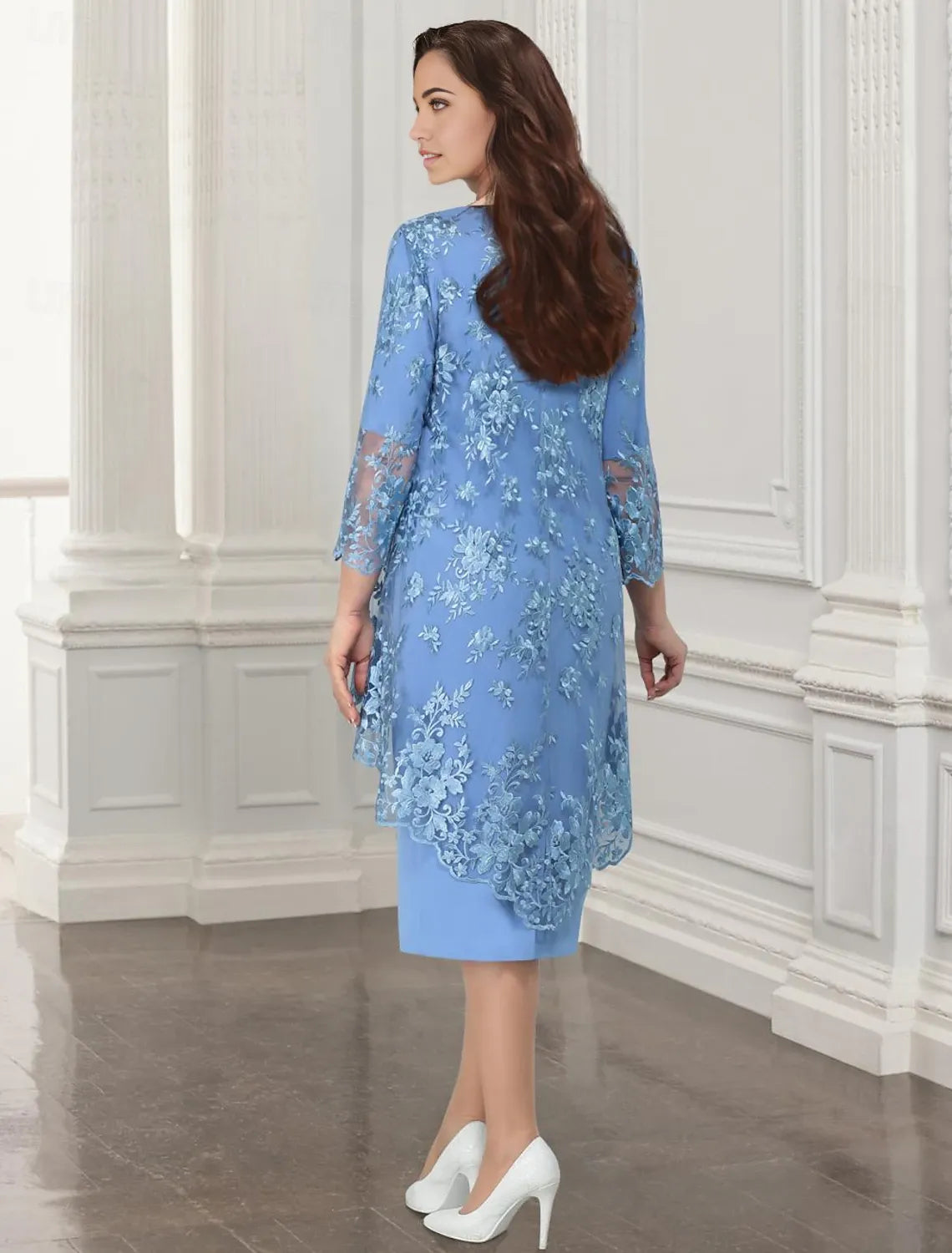 Two Piece Sheath / Column Mother of the Bride Dress Wedding Guest Elegant Jewel Neck Tea Length Chiffon Lace Sleeveless Jacket Dresses with Appliques