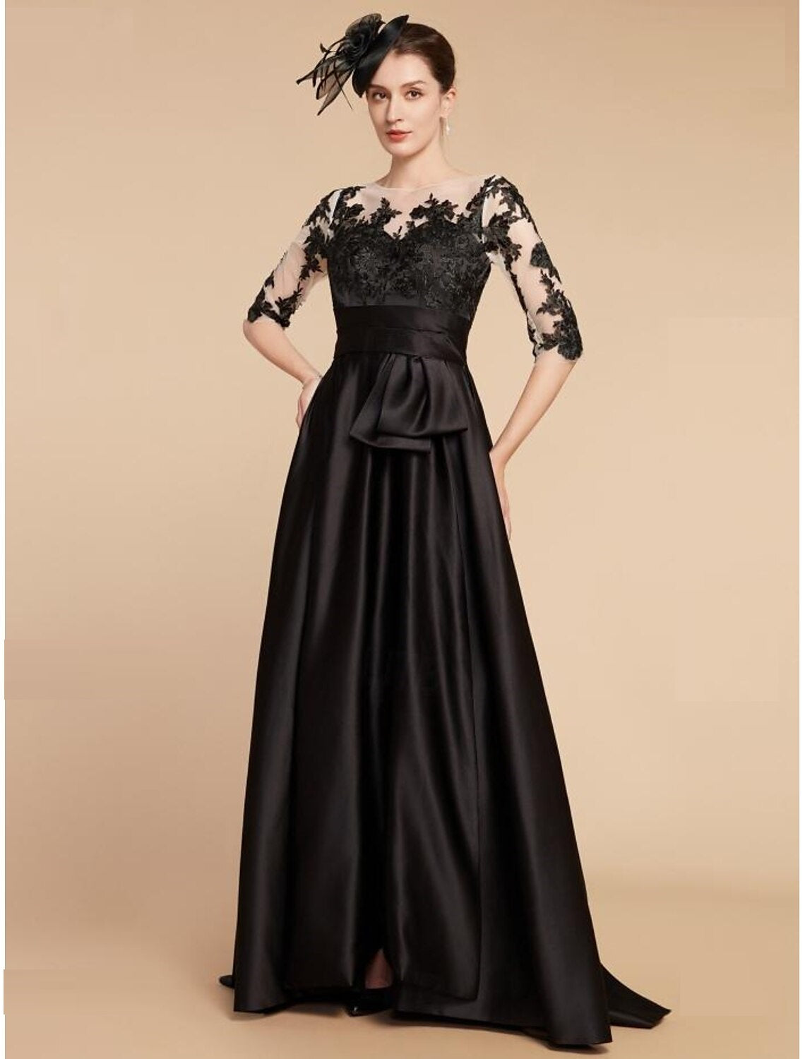 A-Line  Wedding Guest Party Jewel Neck Sweep / Brush Train Satin Lace Half Sleeve Mother of the Bride Dress with Split Front Ruching