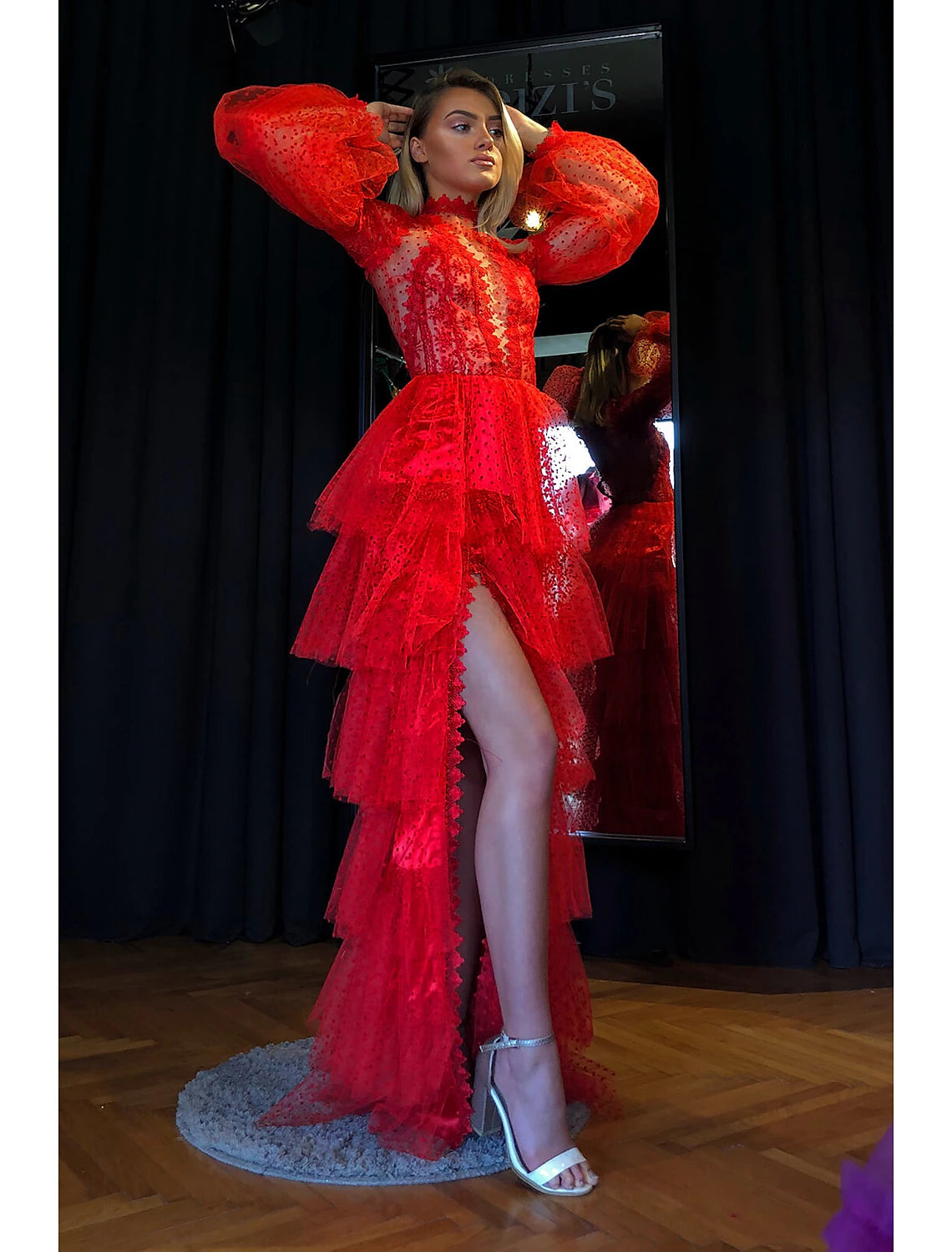 Sheath / Column Empire Sexy High Split Party Wear Prom Valentine's Day Dress High Neck Long Sleeve Floor Length Lace with Slit Tier / Puff Balloon Sleeve