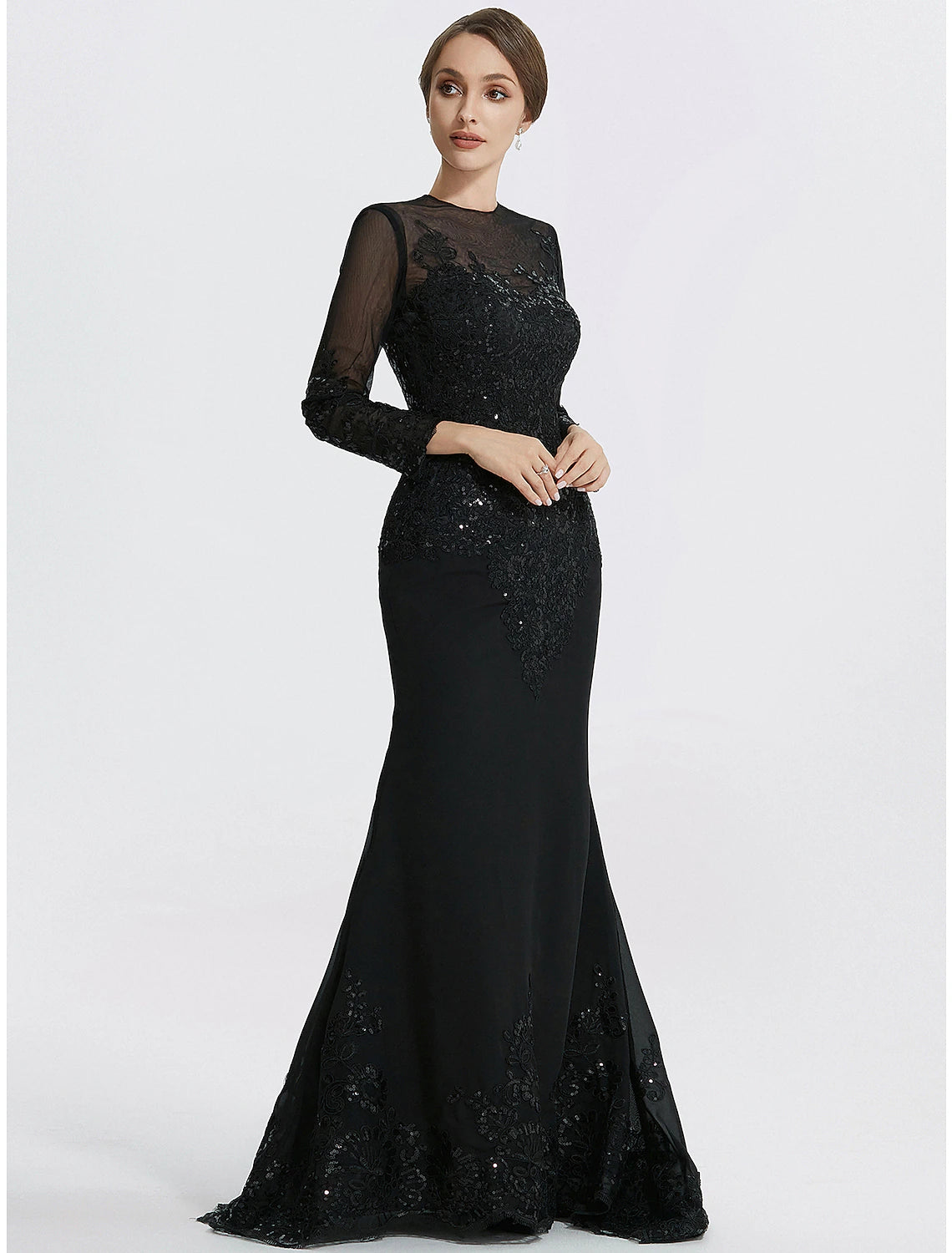 Mermaid / Trumpet Sheath / Column Evening Gown Elegant Dress Formal Floor Length Long Sleeve Jewel Neck Lace with Appliques