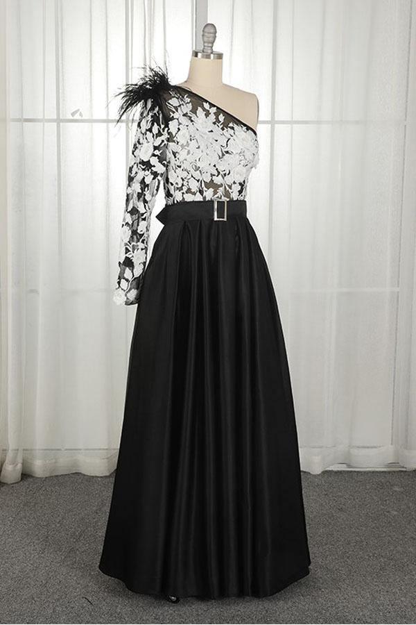 A Line One-Shoulder Sweep/Brush Train Dresses Black Long Split Prom Dress with Pockets Feathers/Lace Appliques