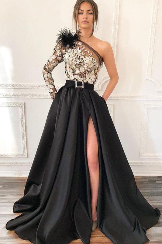 A Line One-Shoulder Sweep/Brush Train Dresses Black Long Split Prom Dress with Pockets Feathers/Lace Appliques