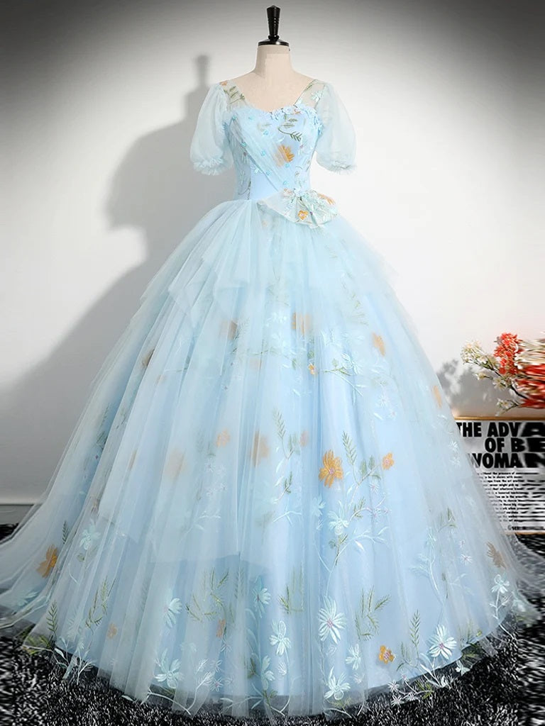Ball Gown Quinceanera Dresses Princess Dress V Neck Tulle Lace Blue Long Prom Dress A-Line Blue Lace Long Sweet Dress