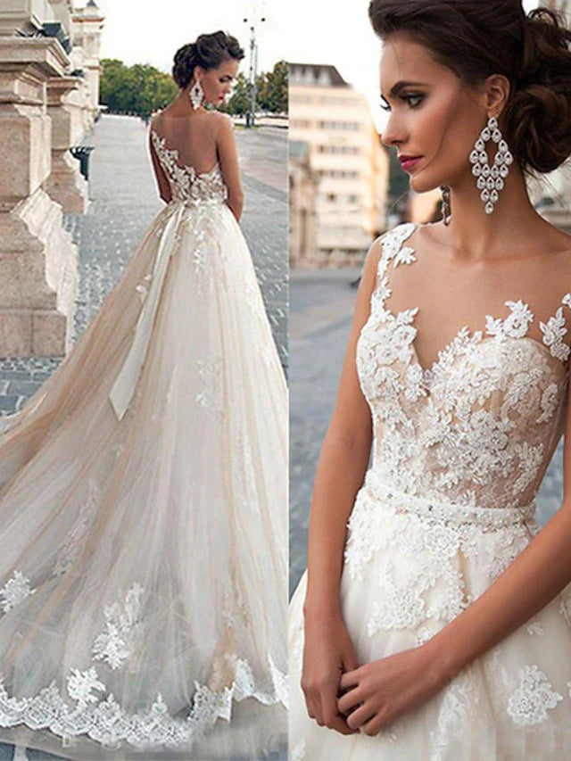 Engagement Open Back Formal Wedding Dresses Court Train Ball Gown Sleeveless Illusion Neck Satin With Appliques