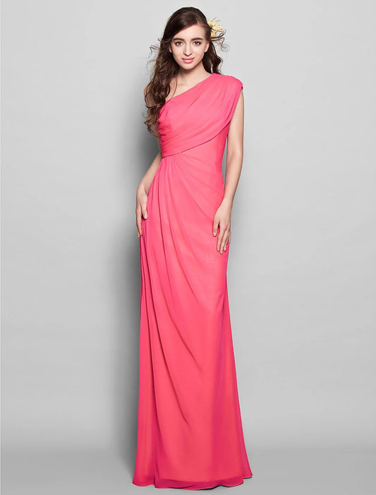 Sheath / Column Elegent Bridesmaid Dress One Shoulder Sleeveless Elegant Floor Length Chiffon with Side Draping