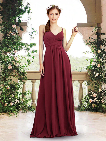 A-Line Bridesmaid Dress V Neck / Spaghetti Strap Sleeveless Elegant Floor Length Chiffon with Pleats