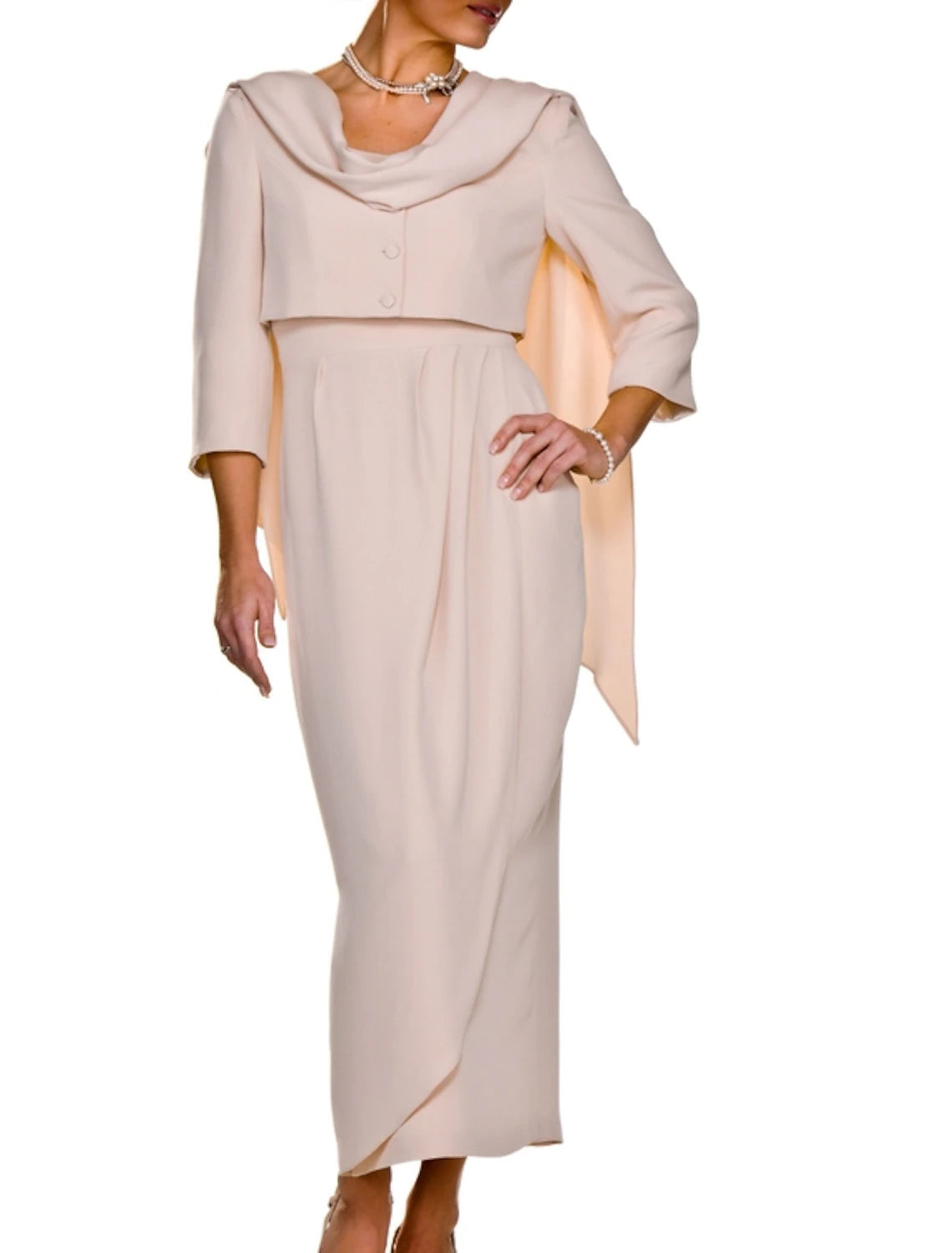 Sheath / Column  Square Neck Ankle Length Two Pieces  Wedding Guest Party Dress Stretch Fabric Sleeveless Short Jacket Mother of the Bride Dress  with Buttons Pleats