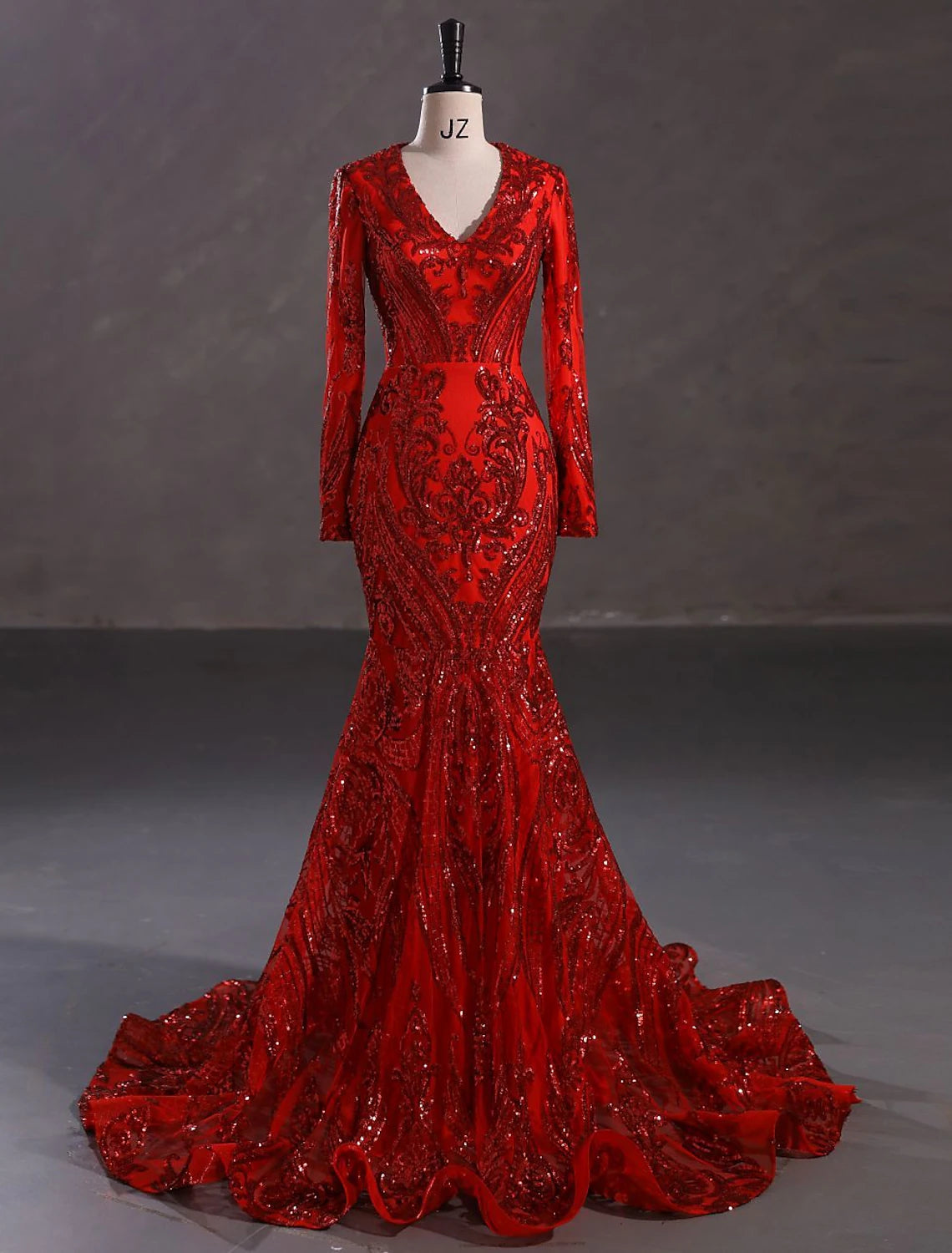 Mermaid / Trumpet Evening Gown Elegant Dress Carnival Formal Court Train Long Sleeve V Neck African American Lace with Sequin