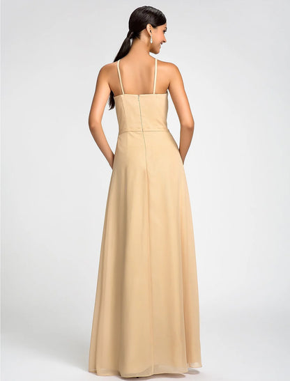 Sheath / Column High Neck Floor Length Chiffon Bridesmaid Dress with Draping