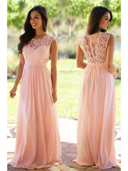 A-Line Bridesmaid Dress Jewel Neck Sleeveless Elegant Floor Length Chiffon / Lace with Sash / Ribbon / Pleats